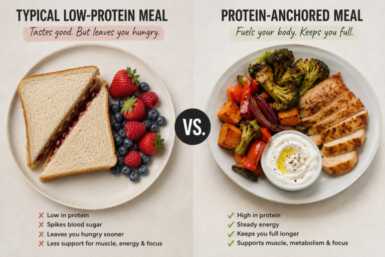 Comparison of a peanut butter and jelly sandwich with berries and a high-protein meal featuring grilled chicken, roasted vegetables, and Greek yogurt, demonstrating how protein supports fullness, energy, and muscle health.