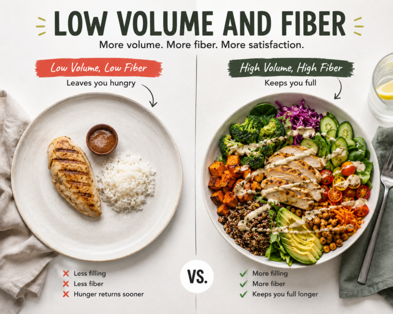 Comparison of a low-volume meal with chicken and rice versus a high-volume, high-fiber grain bowl packed with vegetables, demonstrating how fiber-rich foods can increase fullness, satiety, and appetite control for healthy weight management.