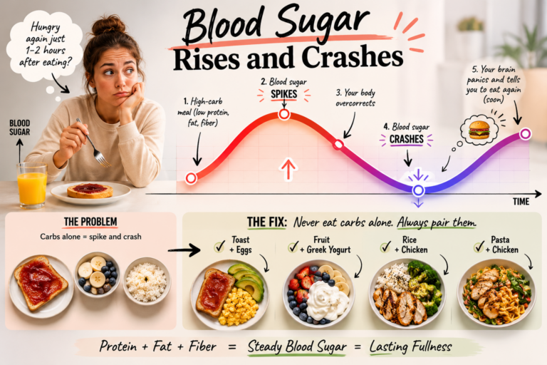 Infographic showing blood sugar spikes and crashes throughout the day after high-carbohydrate, low-protein meals, illustrating how blood sugar fluctuations can increase hunger, cravings, energy crashes, and overeating, along with examples of balanced meals that combine carbohydrates, protein, and healthy fats for stable energy and appetite control.