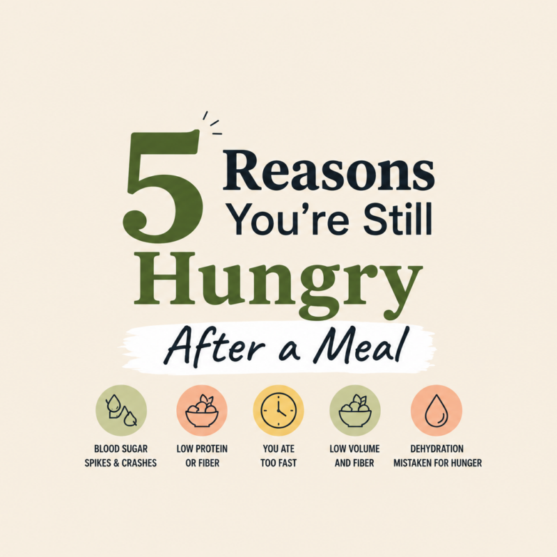 Blog feature image titled '5 Reasons You're Still Hungry After a Meal,' highlighting common causes of persistent hunger including blood sugar spikes and crashes, low protein intake, eating too fast, low fiber consumption, and dehydration, with nutrition and healthy eating concepts for appetite control and weight management.