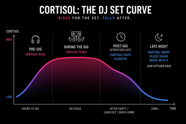 Minimalist infographic showing the rise and fall of cortisol levels during a DJ event, illustrating pre-gig anticipation, peak performance during the set, delayed post-gig comedown, and late-night cortisol and blood sugar crash that can lead to late-night hunger.