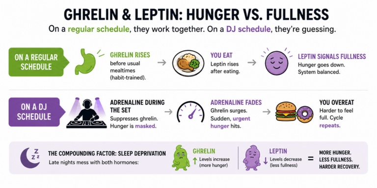 Simple infographic explaining how ghrelin (hunger hormone) and leptin (fullness hormone) work on a regular schedule versus a DJ schedule. The graphic shows how adrenaline can suppress hunger during a performance, leading to sudden hunger afterward, while sleep deprivation increases ghrelin and decreases leptin, resulting in more hunger, less fullness, and harder recovery.